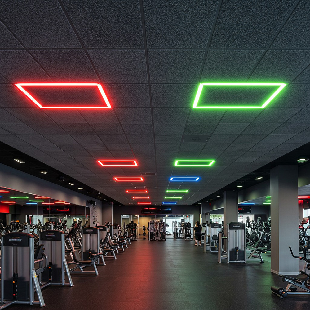 L&aacute;mpara de techo con marco cuadrado LED RGB, dise&ntilde;o de 4 barras